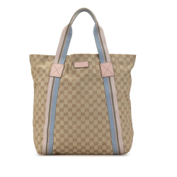 Gucci B Gucci Brown Beige Canvas Fabric GG Web Tote Italy