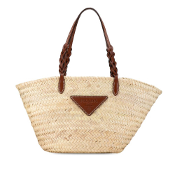 Prada B Prada Brown Beige Raffia Natural Material Large Palmitto Vitello Basket Tote Italy