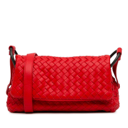 Bottega Veneta AB Bottega Veneta Red Calf Leather Intrecciato Flap Crossbody Italy