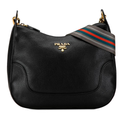 Prada B Prada Black Calf Leather Vitello Daino Zippered Messenger Hobo India