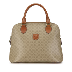 Celine B Celine Brown Beige Coated Canvas Fabric Macadam Dome Satchel Italy