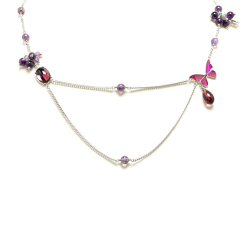 Christian Dior AB Dior Silver Brass Metal Amethyst, Crystal & Enamel Butterfly Station Necklace Germany