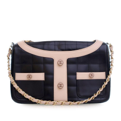 Chanel B Chanel Black with Brown Beige Calf Leather Quilted skin Mademoiselle Jacket Shoulder Bag Italy