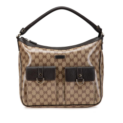 Gucci B Gucci Brown Beige Coated Canvas Fabric GG Crystal Abbey D Ring Handbag Italy