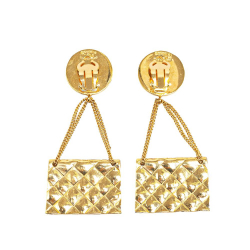 Chanel B Chanel Gold Gold Plated Metal CC 2.55 Flap Bag Clip On Earrings France