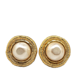 Chanel B Chanel Gold Gold Plated Metal CC Faux Pearl Clip On Earrings France