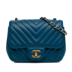 Chanel Blue Mini Square Classic Chevron Lambskin Single Flap Italy