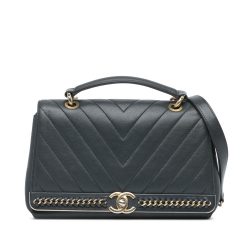 Chanel AB Chanel Blue Navy Sheepskin Leather Leather Chevron Sheepskin Stitched Chain Top Handle Flap Italy