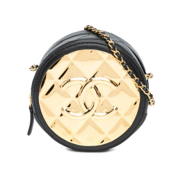 Chanel AB Chanel Black Lambskin Leather Leather Mini Lambskin Golden Plate Round Clutch with Chain Italy