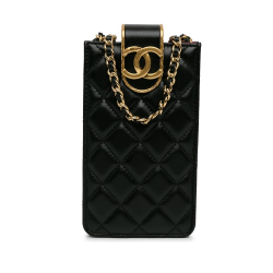 Chanel AB Chanel Black Lambskin Leather Leather CC Quilted Lambskin Phone Holder with Chain Italy