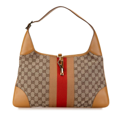 Gucci B Gucci Brown Beige Canvas Fabric GG Web Jackie Italy