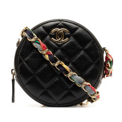 Chanel B Chanel Black Lambskin Leather Leather CC Quilted Lambskin Ribbon Round Clutch With Chain Italy