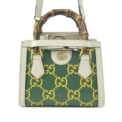 Gucci B Gucci Green with White Calf Leather Mini Bamboo GG Diana Satchel Italy