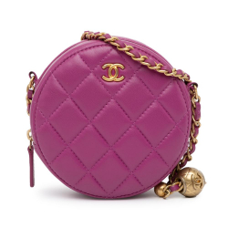 Chanel Pink Lambskin Leather Leather CC Quilted Lambskin Pearl Crush Round Clutch with Chain Italy