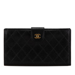 Chanel B Chanel Black Caviar Leather Leather Quilted Caviar French Long Wallet France