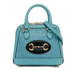 Gucci B Gucci Blue Light Blue Raffia Natural Material Mini Horsebit 1955 Top Handle Bag Italy