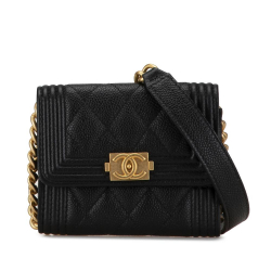 Chanel AB Chanel Black Caviar Leather Leather Quilted Caviar Boy Card Holder with Chain Italy