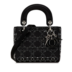 Christian Dior B Dior Black Satin Fabric Mini Cannage Strass Crystal Embellished Lady Dior Italy