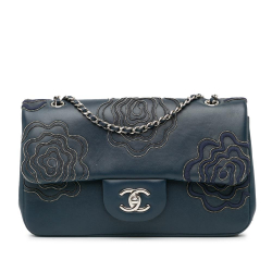 Chanel B Chanel Blue Navy Lambskin Leather Leather Medium Embroidered Lambskin Camellia Follies Flap France