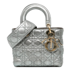 Christian Dior B Dior Silver Calf Leather Small Metallic skin Cannage Supple Lady Dior Italy