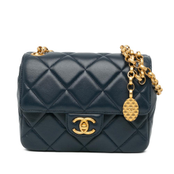 Chanel AB Chanel Blue Navy Lambskin Leather Leather Mini Square CC Quilted Lambskin Flap France