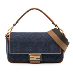 Fendi B Fendi Blue Denim with Brown Denim Fabric Zucca Embroidered Baguette Satchel Italy