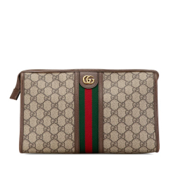 Gucci B Gucci Brown Beige Coated Canvas Fabric GG Supreme Ophidia Clutch Italy