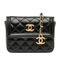 Chanel AB Chanel Black Calf Leather Mini Quilted Aged skin Card Holder On Chain Belt Bag France