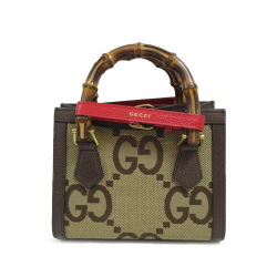 Gucci AB Gucci Green Calf Leather Mini Canvas Bamboo Jumbo GG Diana Satchel Italy