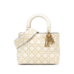 Christian Dior B Dior White Lambskin Leather Leather Medium Lambskin Cannage Studded Supple Lady Dior Italy