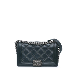 Chanel B Chanel Blue Dark Blue Calf Leather Medium Iridescent skin Double Stitch Boy Flap Italy