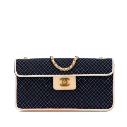 Chanel B Chanel Blue Navy with White Ivory Cotton Fabric Small Quilted Jersey East West Flap Italy