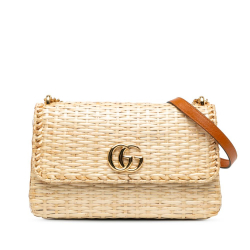 Gucci AB Gucci Brown Beige Rattan Natural Material Small GG Marmont Glazed Wicker Flap Italy