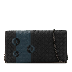 Bottega Veneta B Bottega Veneta Black Calf Leather Intrecciato Wallet On Chain Italy