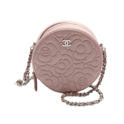 Chanel AB Chanel Pink Light Pink Goatskin Leather Camellia Round Clutch With Chain Italy