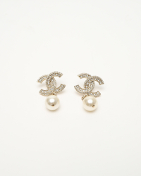 Chanel Coco Mark Rhinestone Drop Pearl Earrings