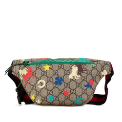 Gucci B Gucci Brown Beige Coated Canvas Fabric GG Supreme Kids Ranch Belt Bag Italy