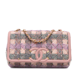 Chanel B Chanel Pink Light Pink Tweed Fabric Medium CC Filigree Flap Italy