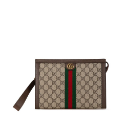 Gucci AB Gucci Brown Beige Coated Canvas Fabric GG Supreme Ophidia Clutch Italy