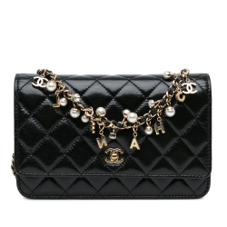 Chanel B Chanel Black Calf Leather Glazed skin Pearl Charms Wallet On Chain Italy