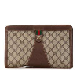 Gucci B Gucci Brown Beige Coated Canvas Fabric GG Supreme Web Clutch Italy