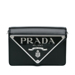 Prada B Prada Black Calf Leather Spazzolato Triangle Logo Plate Flap Chain Crossbody Italy