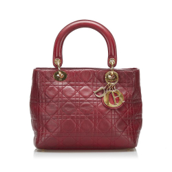 Christian Dior B Dior Red Lambskin Leather Leather Medium Lambskin Cannage Lady Dior Italy