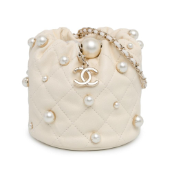 Chanel White Mini Quilted Lambskin About Pearls Drawstring Bucket Bag Italy