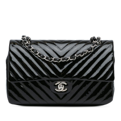 Chanel B Chanel Black Patent Leather Leather Medium Classic Chevron Patent Double Flap France