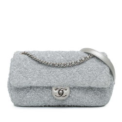 Chanel B Chanel Silver Polyester Fabric Medium Quilted Lurex Ground Control Pluto Glitter Flap Italy