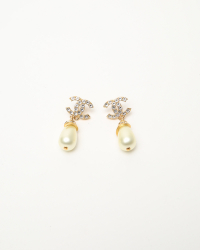 Chanel CC Rhinestones and Pearl Drop Earrings