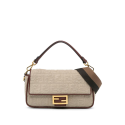 Fendi B Fendi Brown Beige Canvas Fabric Zucca Embroidered Baguette Satchel Italy