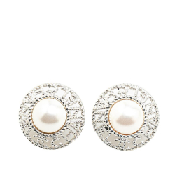 Chanel AB Chanel Gray Platinum Metal Silver Plated Pearl Push Back Earrings France