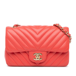 Chanel B Chanel Red Lambskin Leather Leather Mini Rectangular Classic Chevron Lambskin Single Flap France